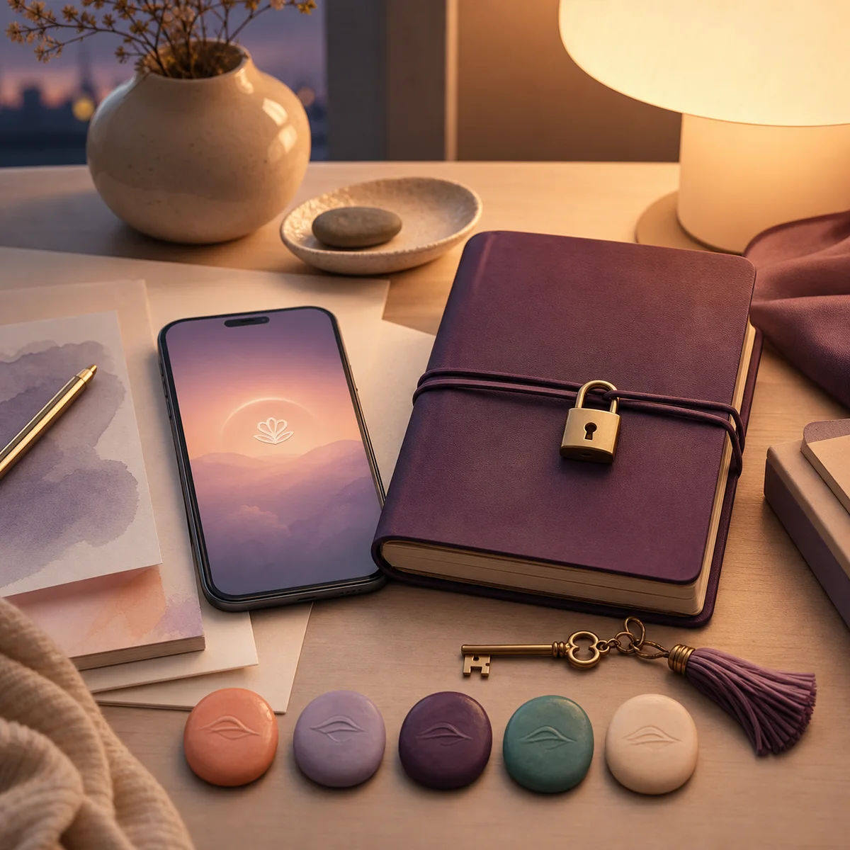 A phone showing a calm lilac sunrise beside a leather journal fastened with a padlock and key, with five mood pebbles lined up in front
