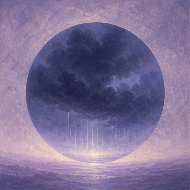 Awful mood: a dark storm cloud raining over a circular painted sky