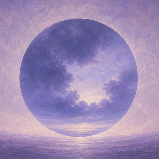 Bad mood: heavy dusky clouds parting over a circular painted sky