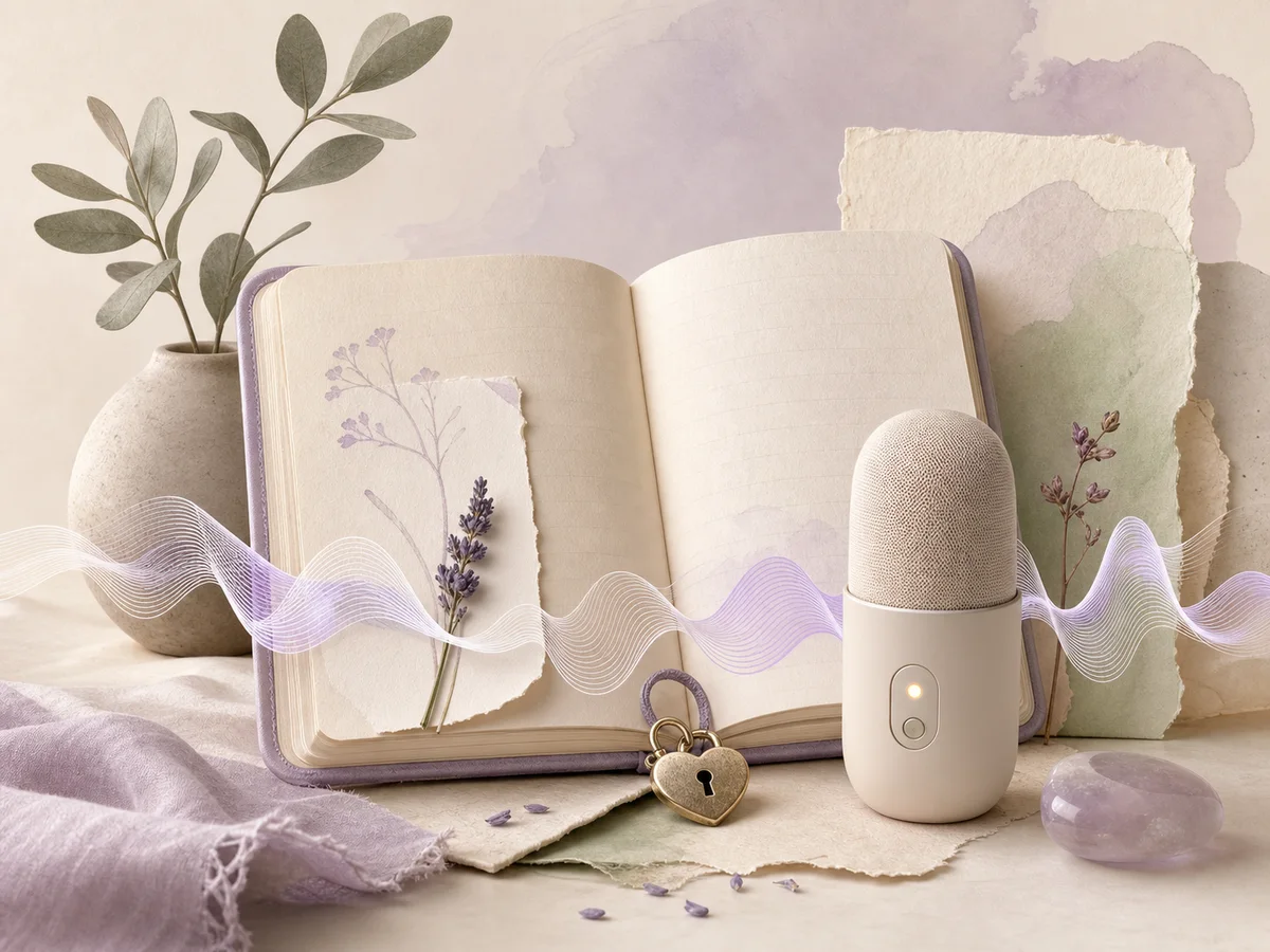 An open lilac journal beside a soft voice-recorder pod, with a sound wave drifting across pressed lavender and a tiny heart-shaped lock