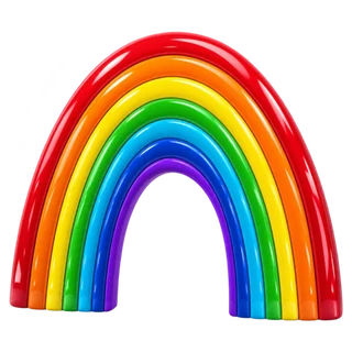 A rainbow between two smiling clouds