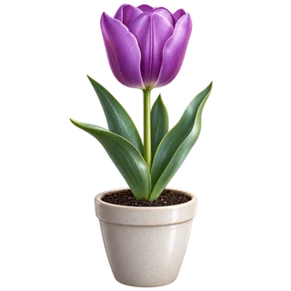 A purple tulip in a cream pot