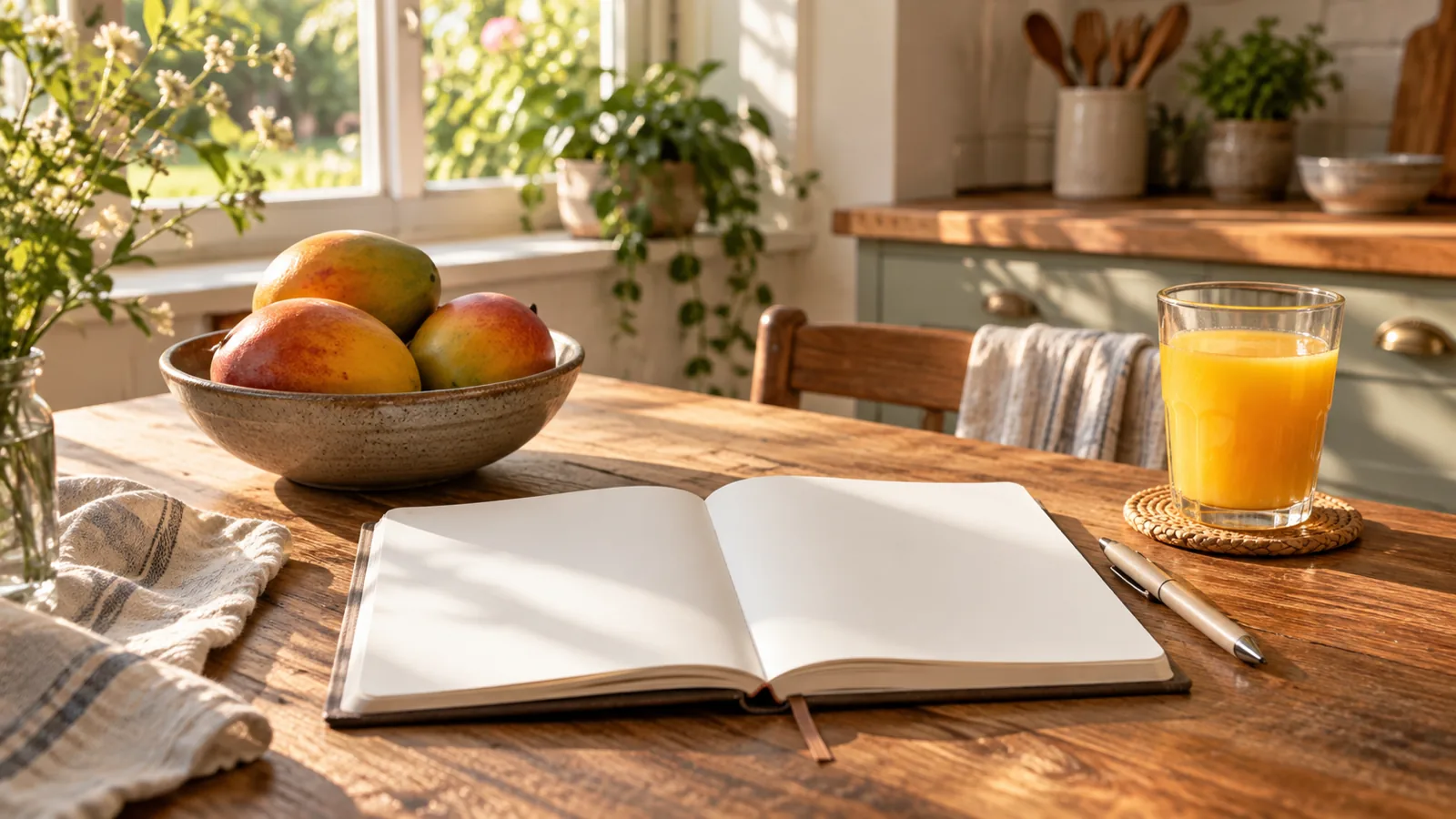 An open blank notebook and pen on a sunny kitchen table with a bowl of mangoes