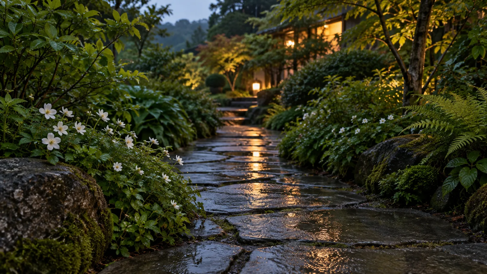 A quiet garden path after evening rain, with wet stones and white flowers