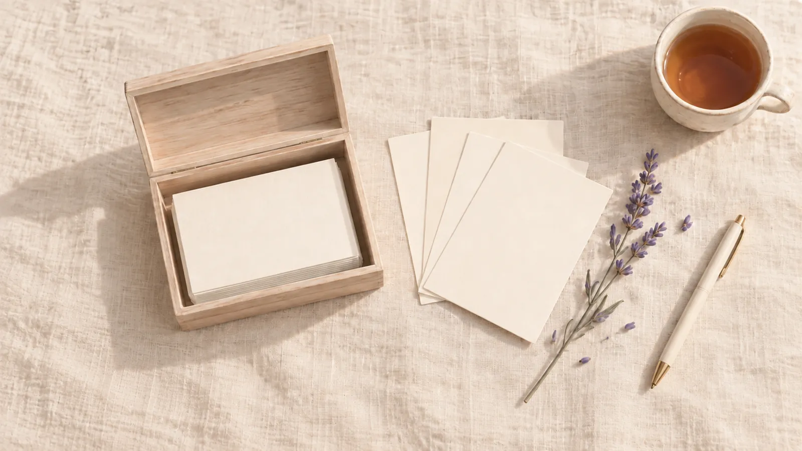 A wooden box of blank journal prompt cards on cream linen, with loose cards, a sprig of lavender, a pen and a cup of tea