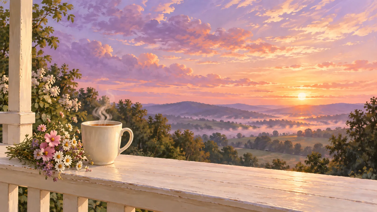 A cream mug of tea and a small bunch of wildflowers on a porch rail, facing a painted sunrise sky of peach and lilac