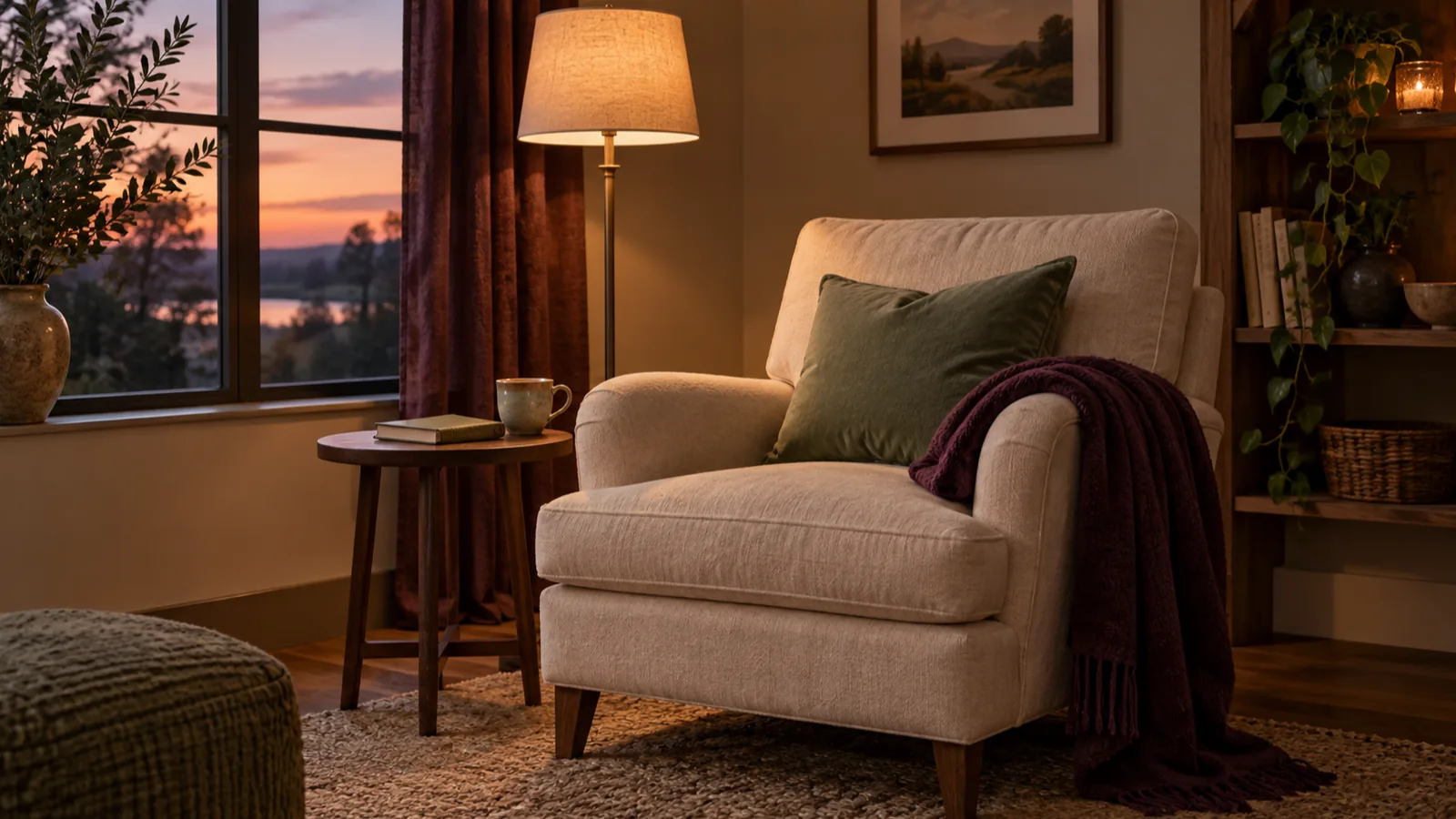 An armchair with a folded plum blanket, a lamp and a closed notebook in a quiet living room at dusk.