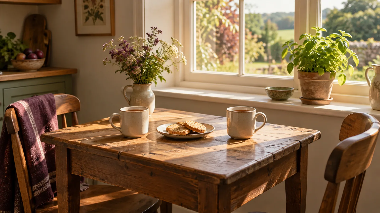 Two mugs of tea on a small kitchen table by a sunny window, with two chairs pulled close for a chat.