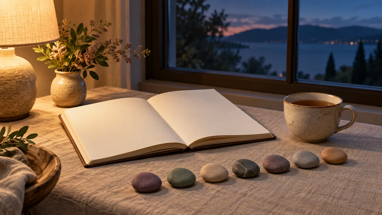 A notebook open on a cream linen tablecloth beside a cup of tea and a few smooth pebbles in soft plum, sage and grey laid out in a gentle row, in evening lamplight
