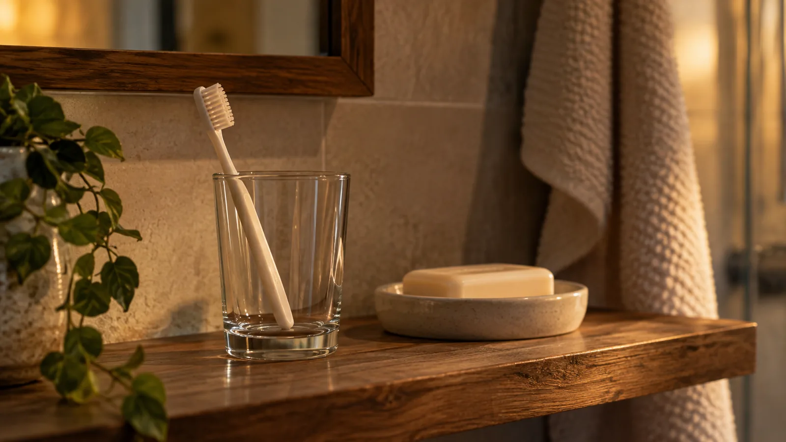 A toothbrush glass and a soap dish on a bathroom shelf in evening lamplight, the moment to track your mood.