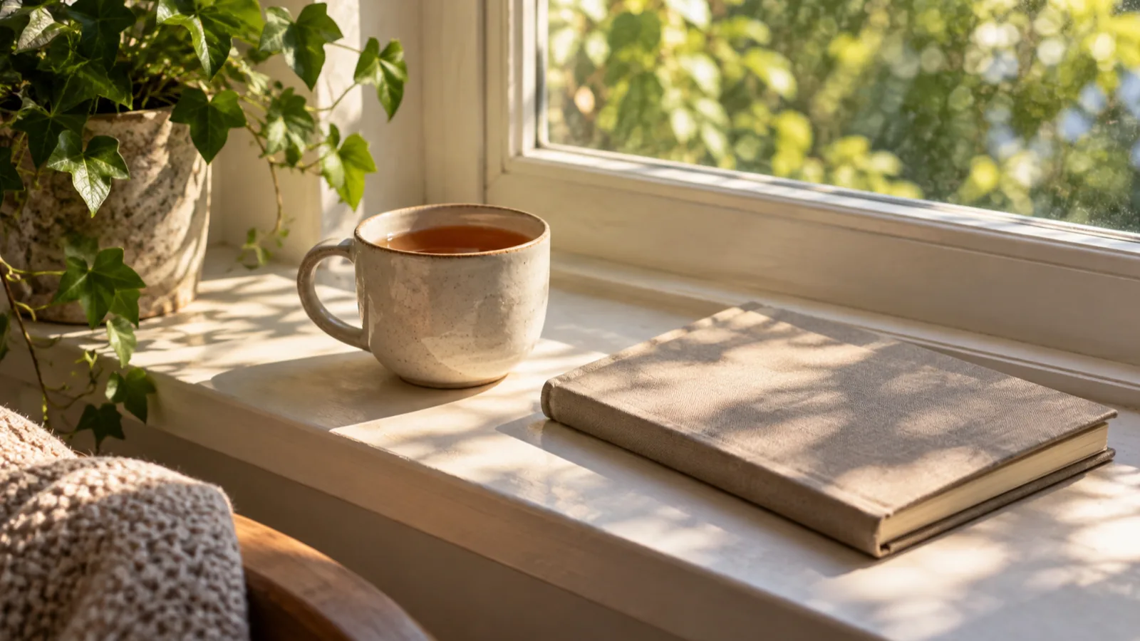A closed notebook and a cup of tea on a windowsill, a quiet pause to read your mood back.
