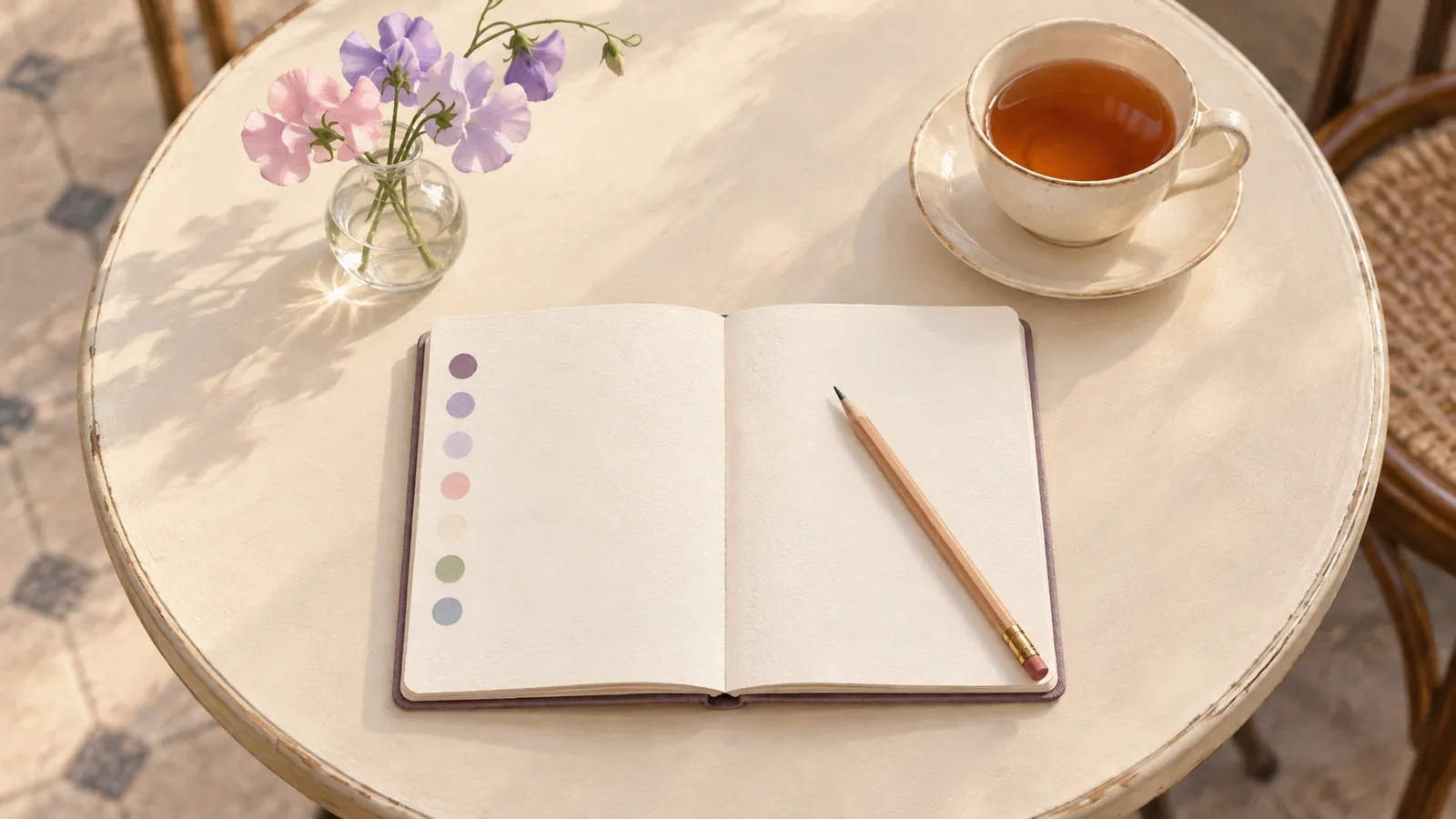 An open notebook on a small cream table with a column of soft coloured mood dots down one page, a pencil, sweet peas and a cup of tea