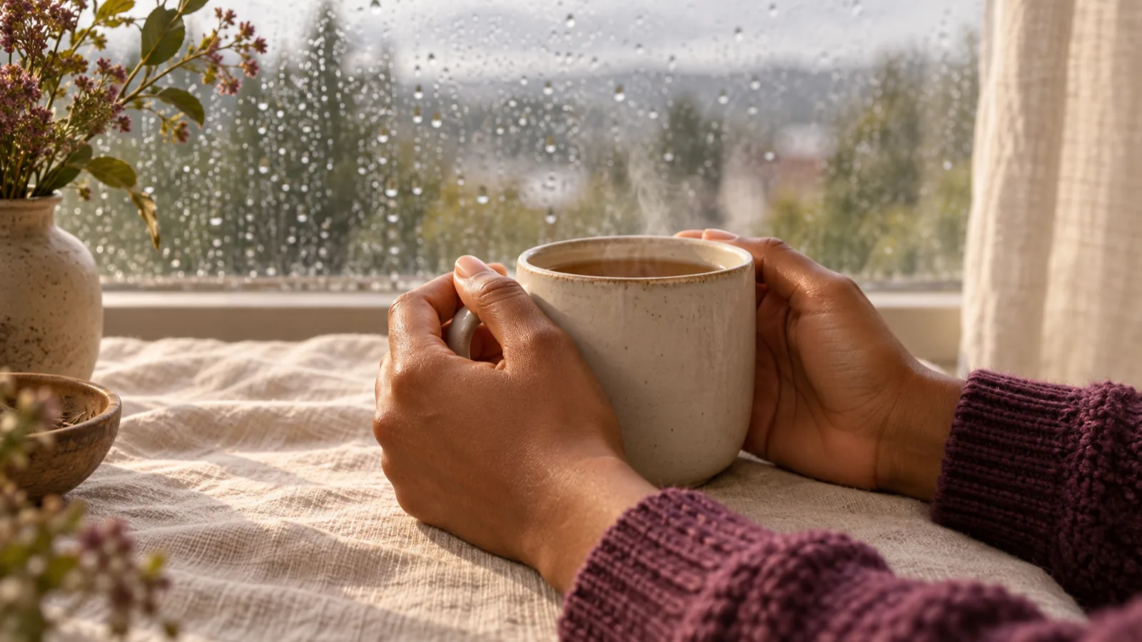 Two hands resting around a warm mug of tea by a rainy window.
