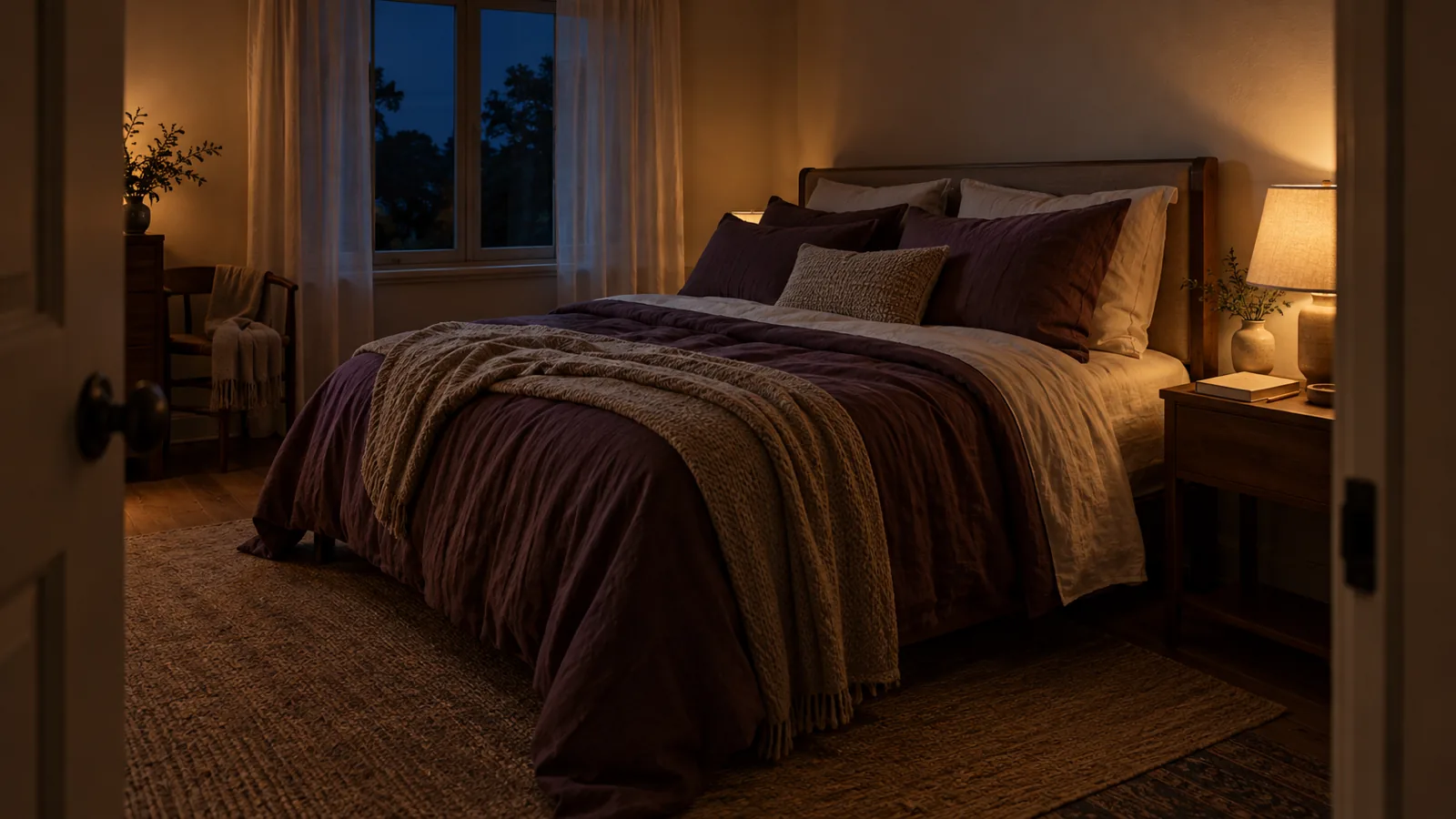 A made bed at night with a closed notebook and pencil on the bedside table under a warm lamp.