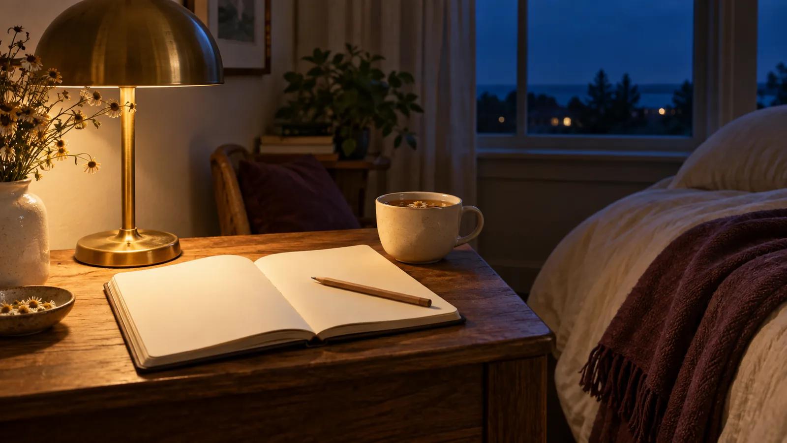 Journal prompts for anxiety: an open notebook and a pencil on a bedside table beside a small lamp and a cup of chamomile tea, in soft evening light