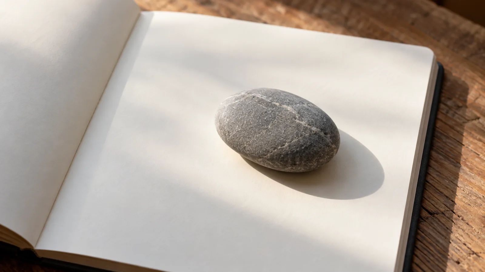 A single smooth stone resting on an otherwise blank notebook page, standing in for the smallest kind of journal entry.