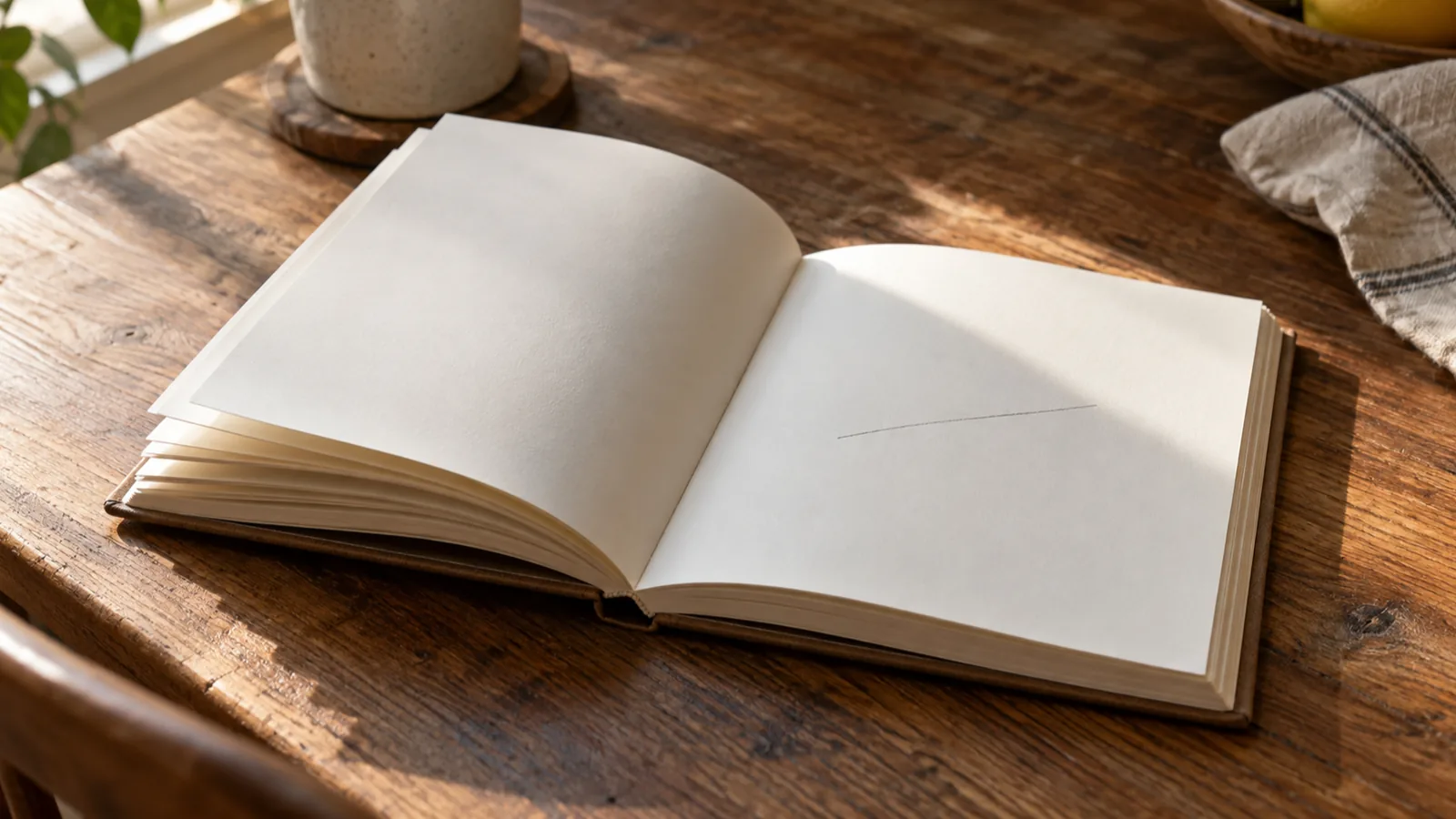 An open notebook with several blank pages before one fresh mark, showing a gap that's still part of the journal.