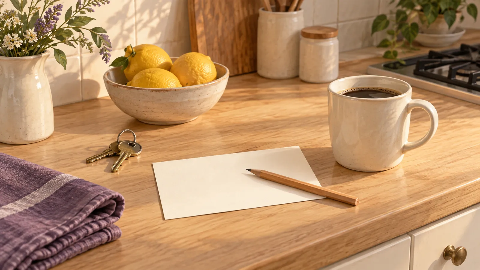 A single blank index card and a pencil on a sunny kitchen counter, next to house keys, a mug of coffee and a bowl of lemons