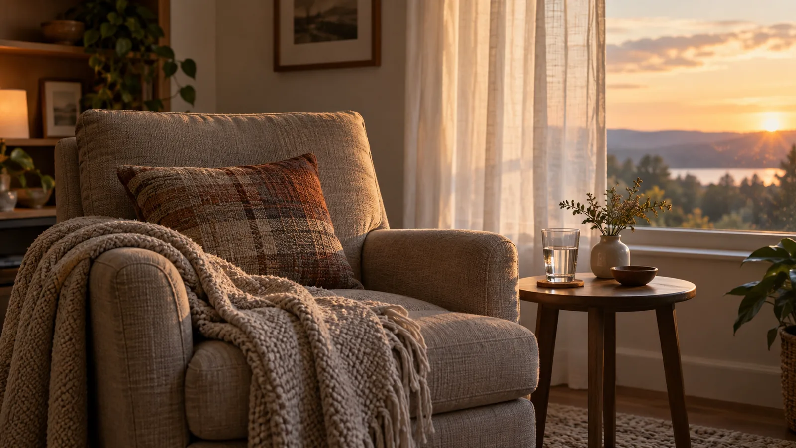 A glass of water and a blanket beside a reading chair, a small kindness after writing on a hard day.