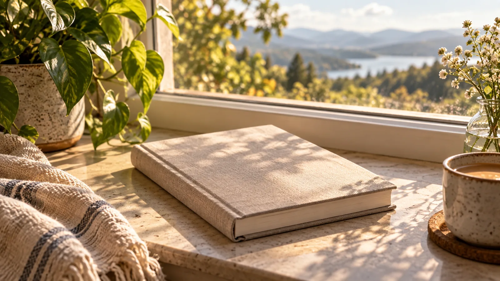 A closed journal resting on a sunlit windowsill, left unopened for now on a calmer, steadier day.