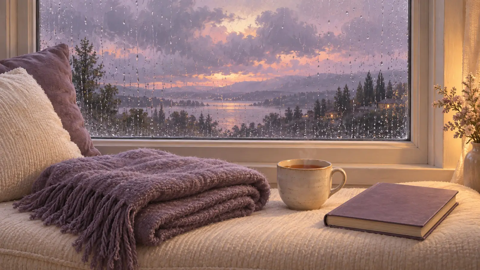 A window seat on a rainy evening with a folded plum blanket, a cup of tea and a closed journal, under a soft grey and peach sky