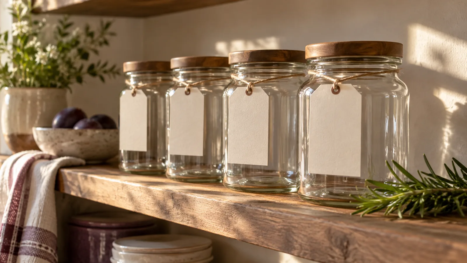 A row of glass jars with blank cream labels on a wooden shelf, waiting to be named.