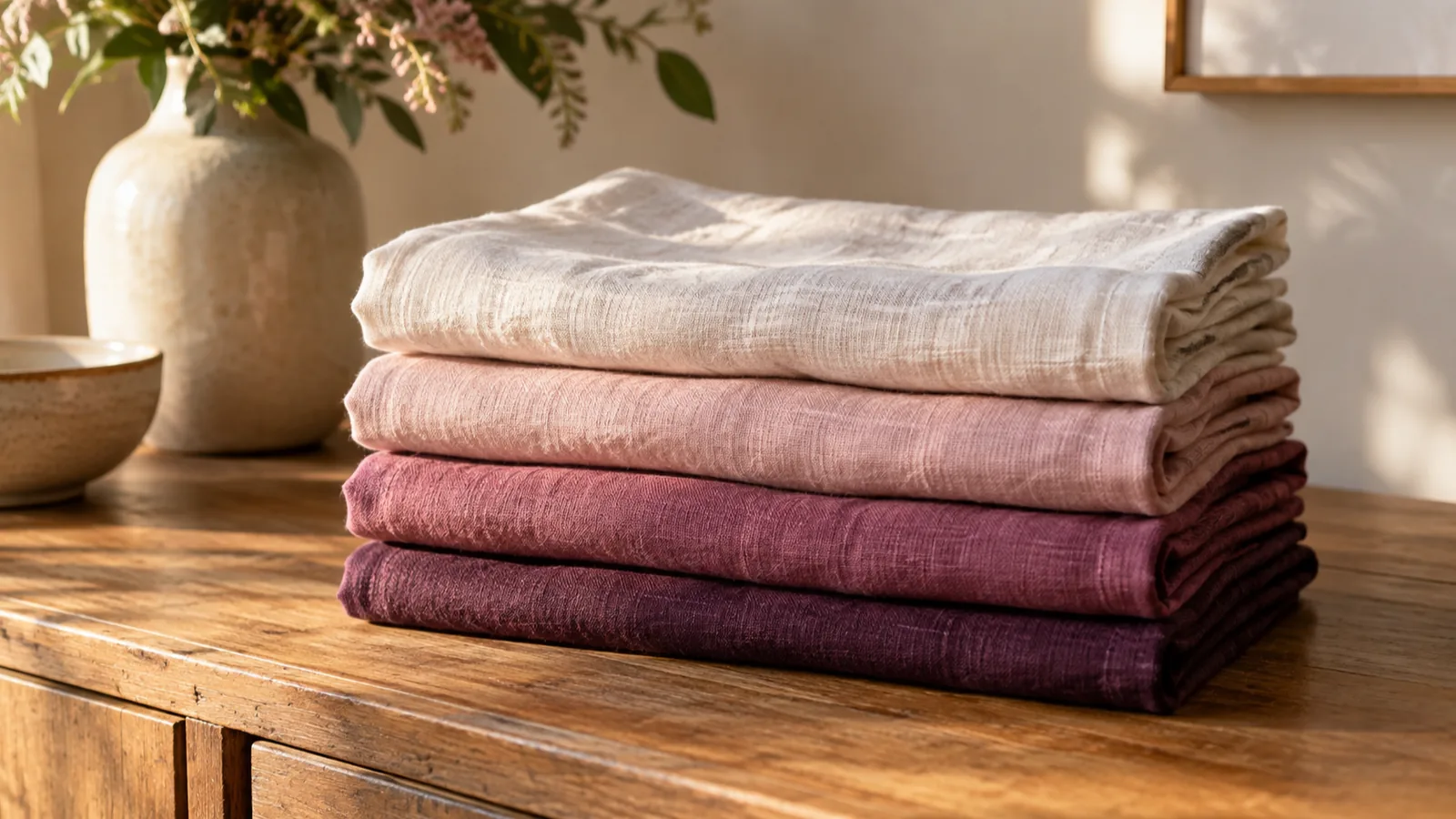 Folded linen napkins stacked from pale cream to deep plum, like a one colour mood scale.