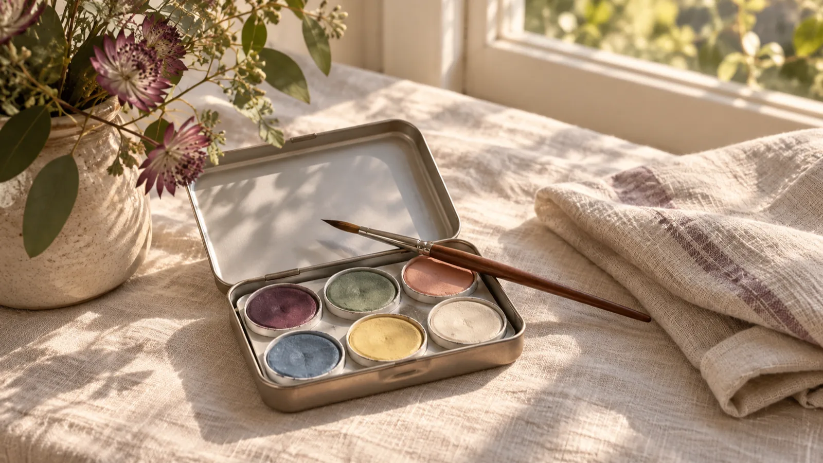 A tin of round watercolour pans in plum, sage, peach, dusty blue, butter yellow and cream with a fine brush resting across it, on cream linen by a window