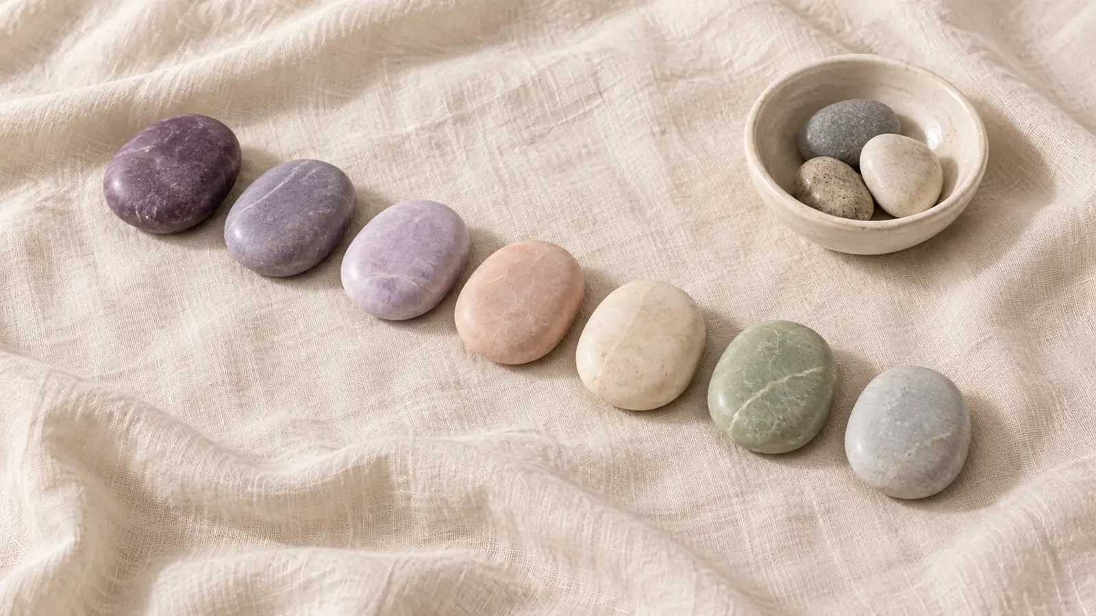 Seven smooth pebbles in soft plum, lavender, lilac, peach, cream, sage and grey blue laid in a row on cream linen