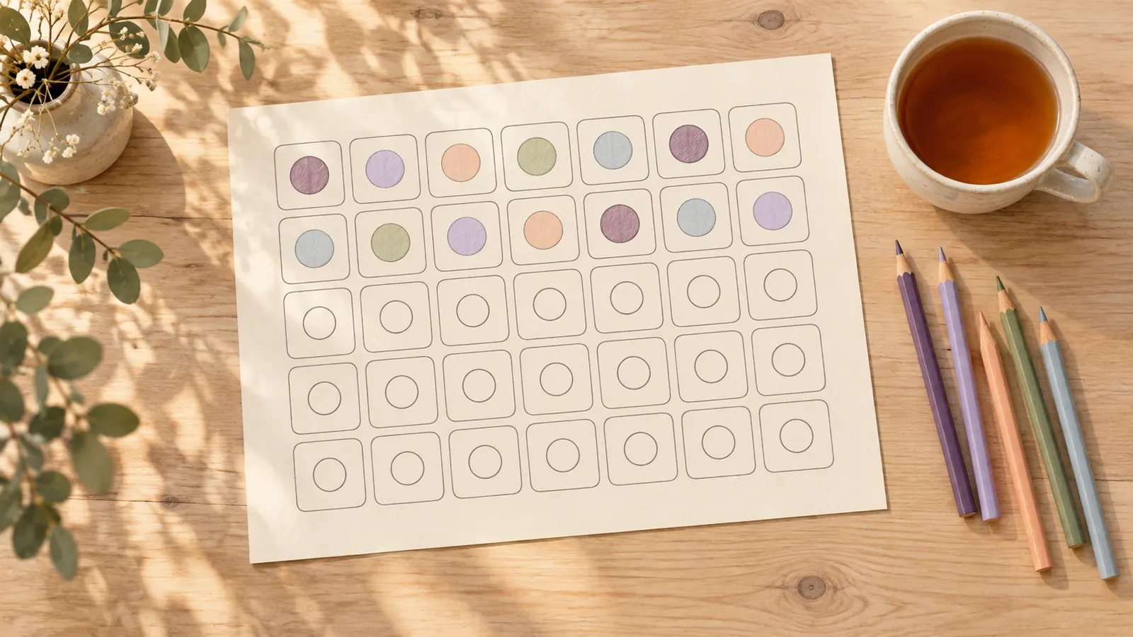 A printable monthly mood tracker with one circle per day, the first two weeks coloured in soft plum, lavender, peach, sage and blue, beside coloured pencils and tea