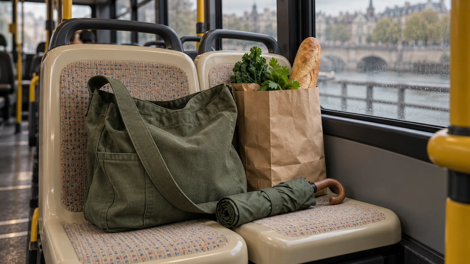 A canvas bag, a rolled umbrella and a grocery bag on a bus seat in soft daylight