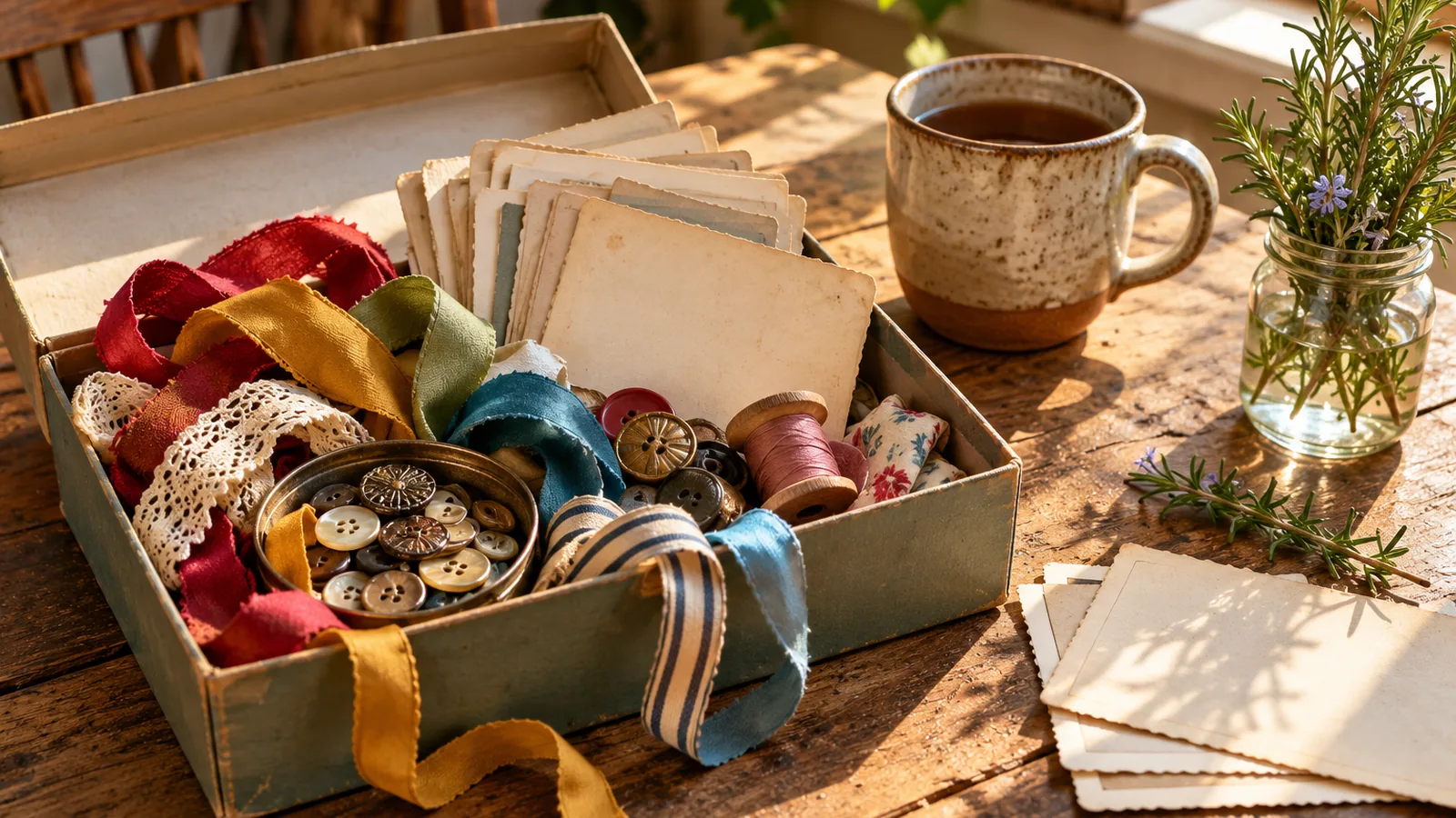 A shoebox of ribbons, buttons and postcards on a wooden table with a mug and a sprig of rosemary