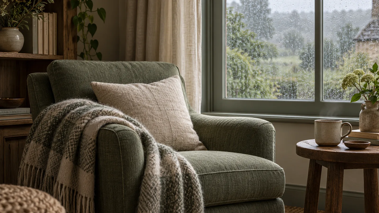A reading chair with a woollen throw and a cup on a side table beside a rainy window