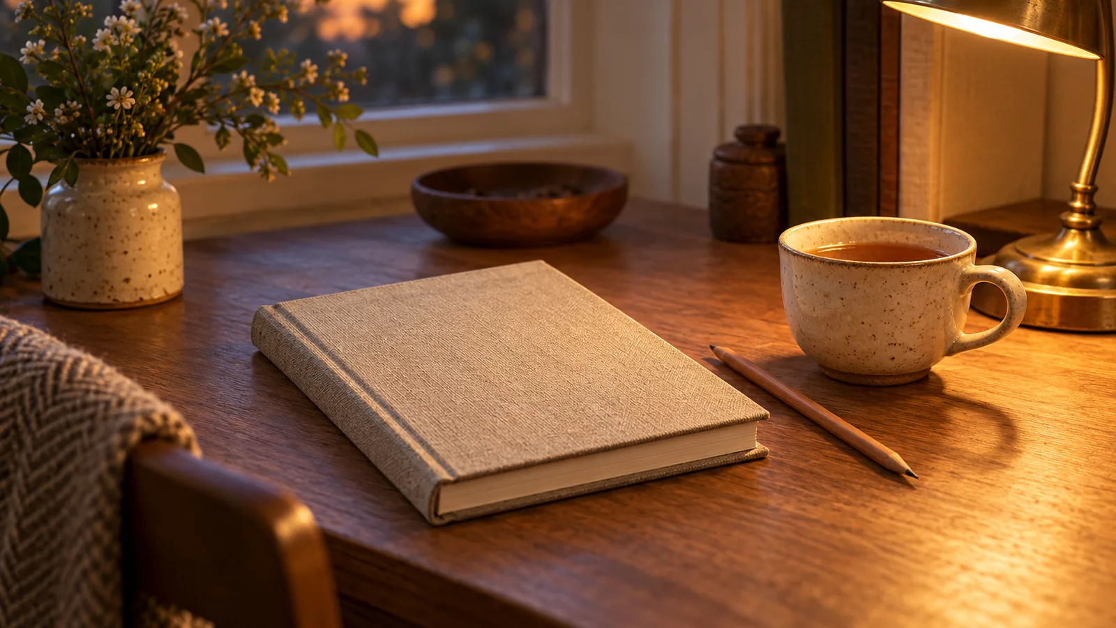 A closed linen notebook on a wooden desk with a pencil, a cup of tea and a small lamp in evening light