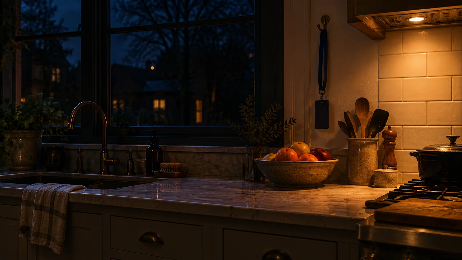 A kitchen counter at night with a lanyard on a hook, a bowl of fruit and a warm lamp