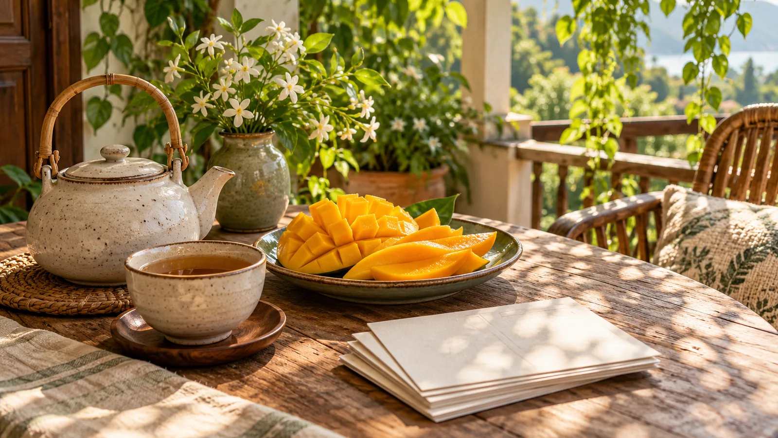 A verandah table with a pot of tea, sliced mango and a stack of postcards in afternoon light