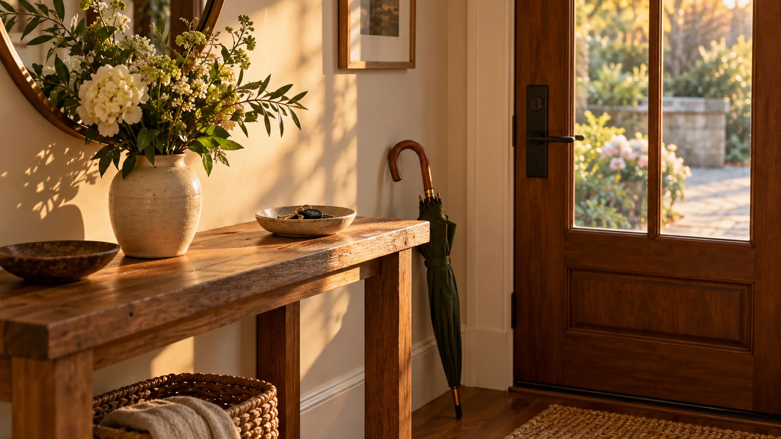 A hallway table with a bowl of keys, a folded umbrella and a vase of flowers in soft evening light