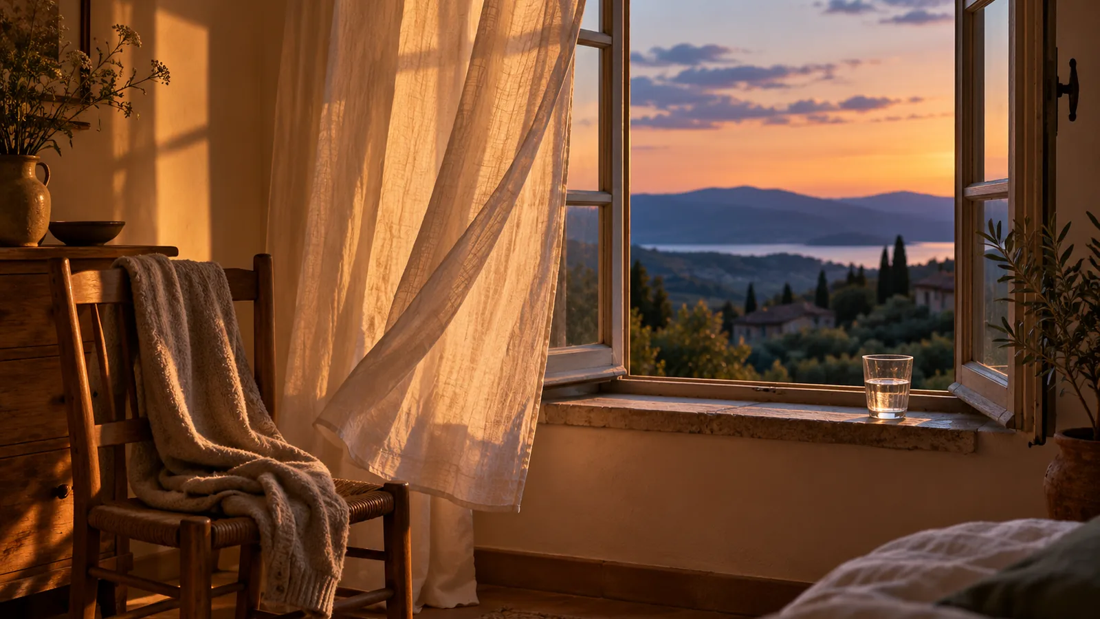 A wooden chair with a folded cardigan by an open window at dusk with a linen curtain