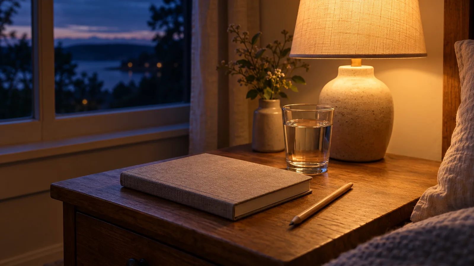 A closed notebook with a pencil, a glass of water and a lit lamp on a bedside table at dusk