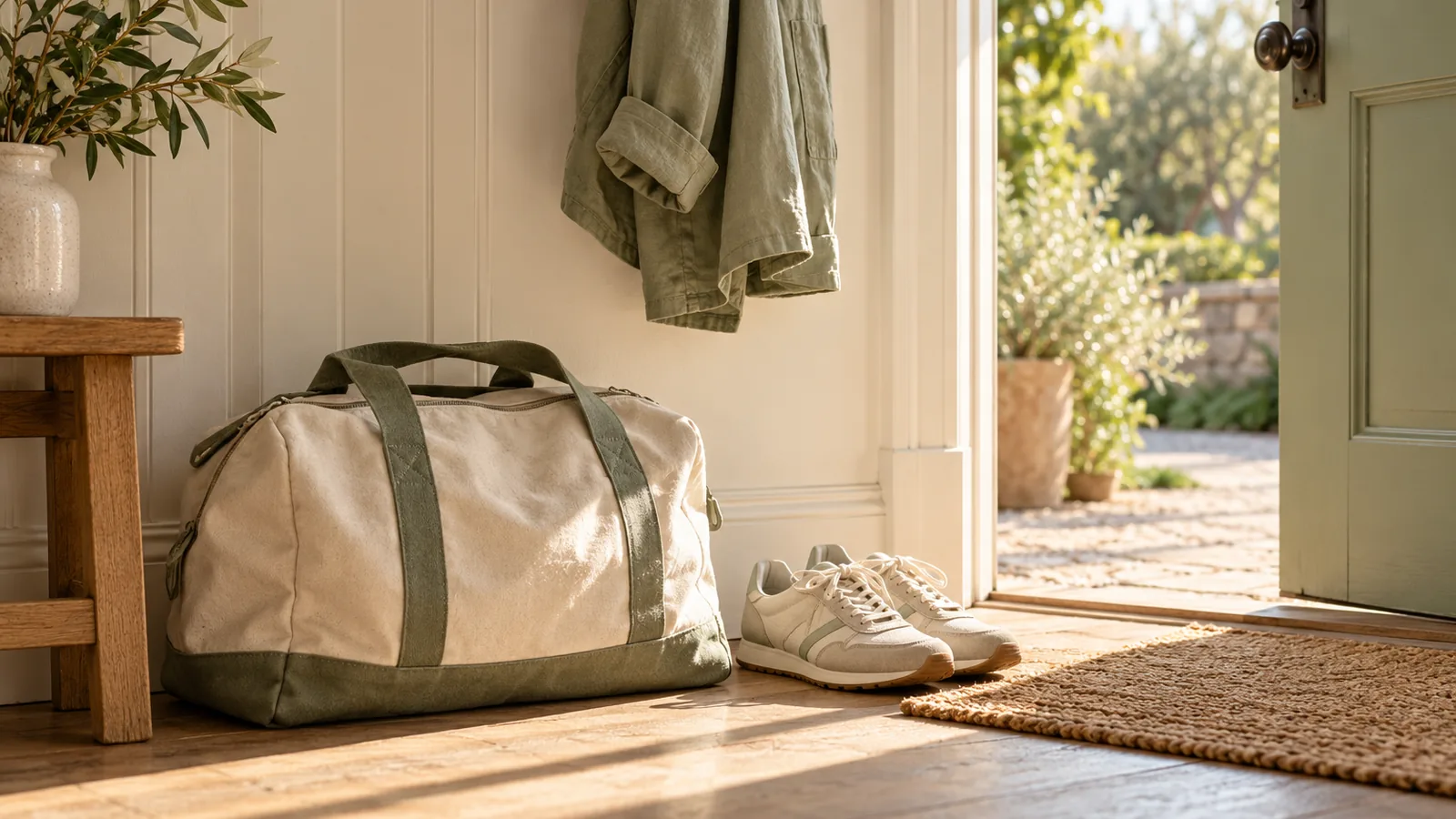 A gym bag and trainers by a front door beside a jacket on a hook in morning light