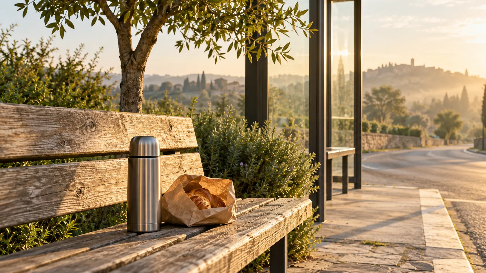 A bus stop bench with a thermos flask and a paper bag of pastries beside a small tree in early morning light
