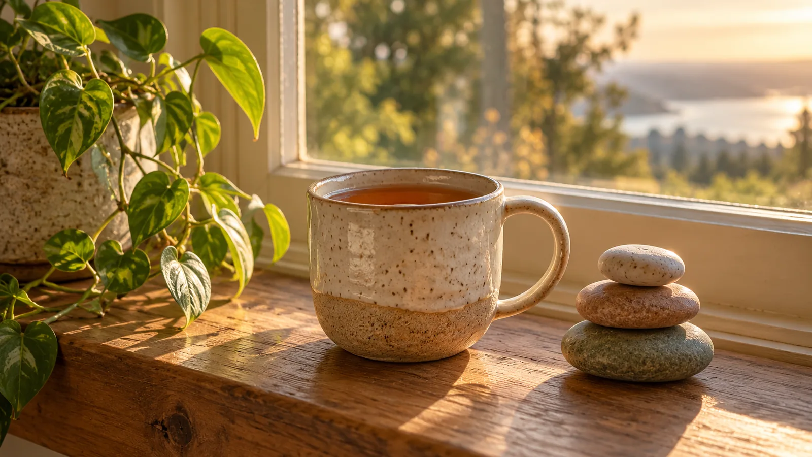 A mug of tea on a windowsill beside three coloured pebbles and a trailing plant in soft afternoon light