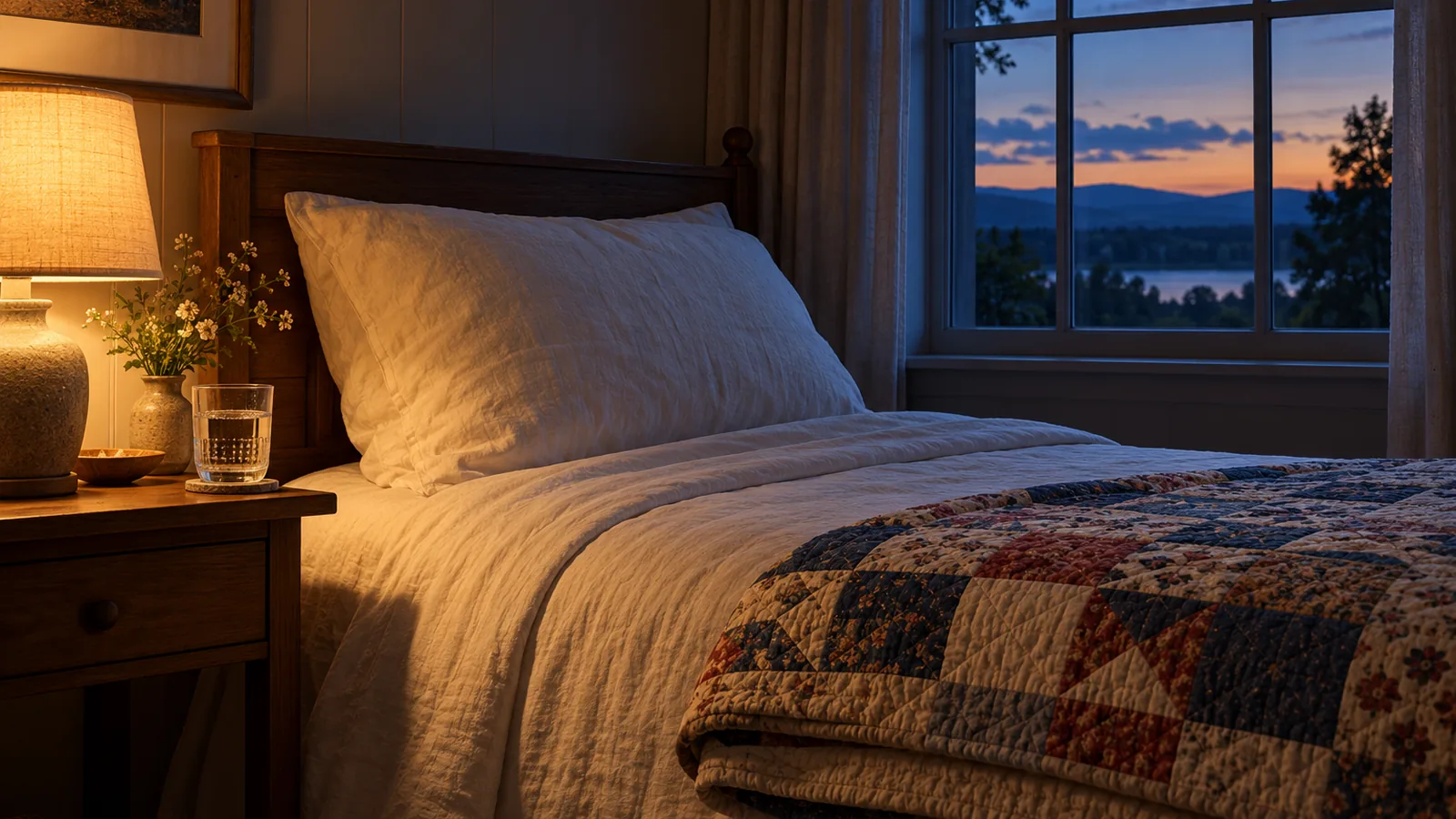 A made bed with a patchwork quilt, a low bedside lamp and a glass of water at dusk