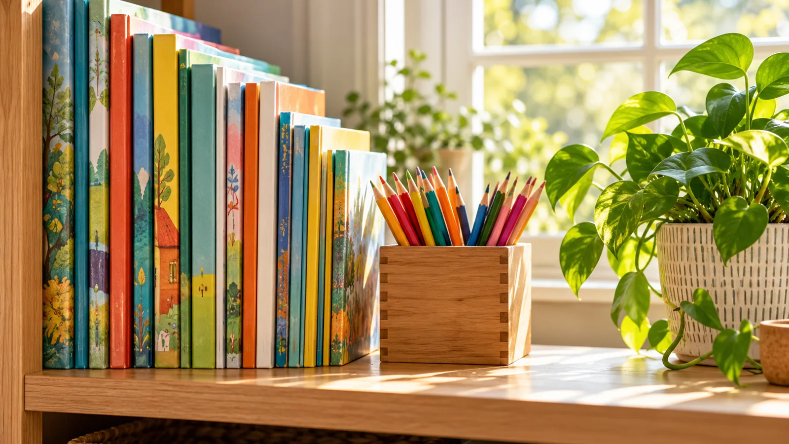 A shelf of picture books and a wooden box of coloured pencils beside a plant at a sunlit window