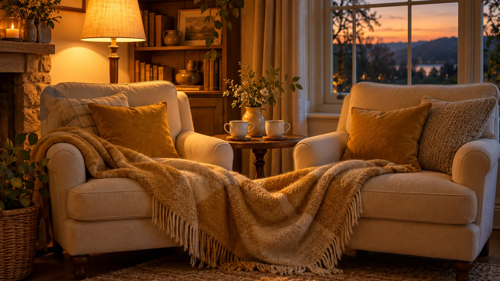 Two armchairs sharing a wool blanket beside a small table with two teacups in soft lamp light