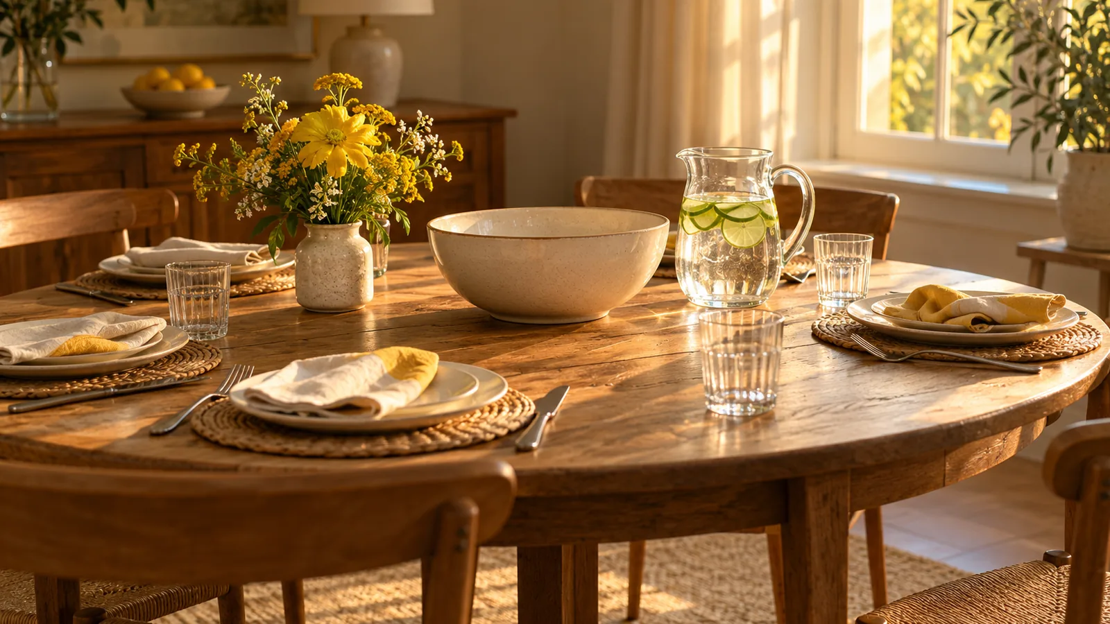 A wooden dining table with a water jug with lime slices and a vase of yellow flowers in warm evening light