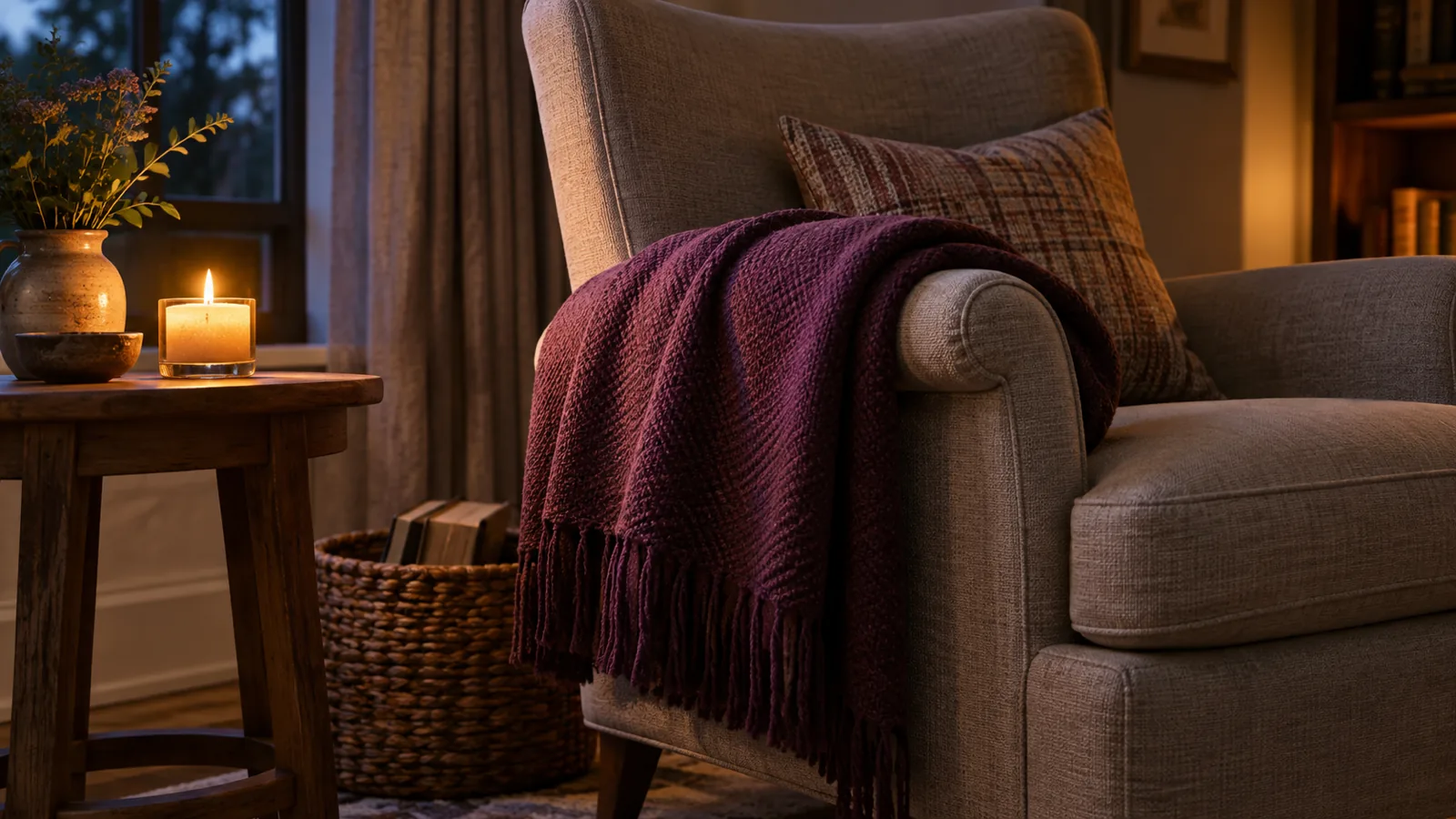 A folded plum throw over a reading chair beside a lit candle in evening light, ready for an evening check-in.