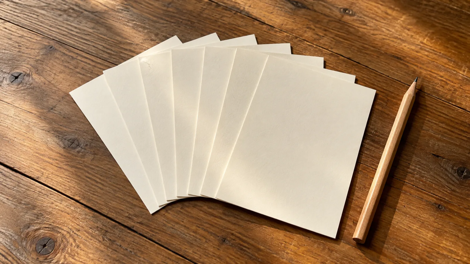 Seven blank note cards fanned on a table with a pencil resting nearby, ready for a look at the week.