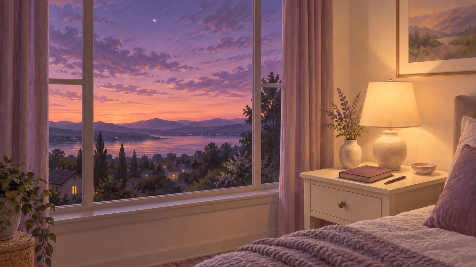 A quiet spot for an evening check-in: a cream nightstand with a warm lamp and a closed plum journal beside a tall window, under a painted twilight sky with one early star