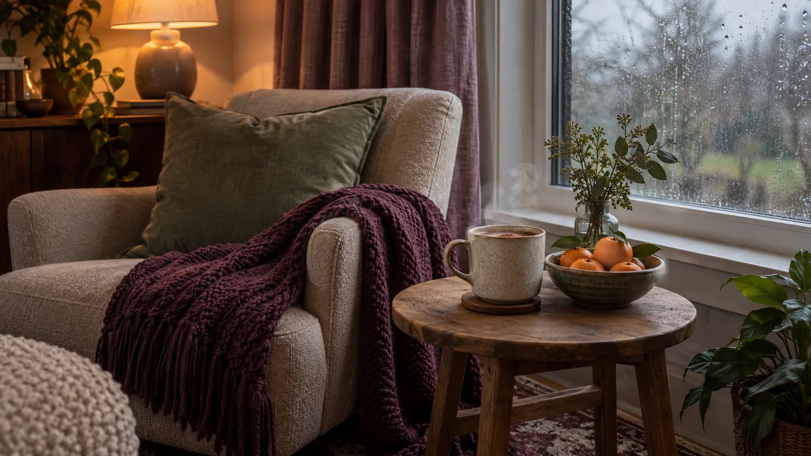 A mug of cocoa and a bowl of clementines beside a chair with a plum blanket on a rainy afternoon.